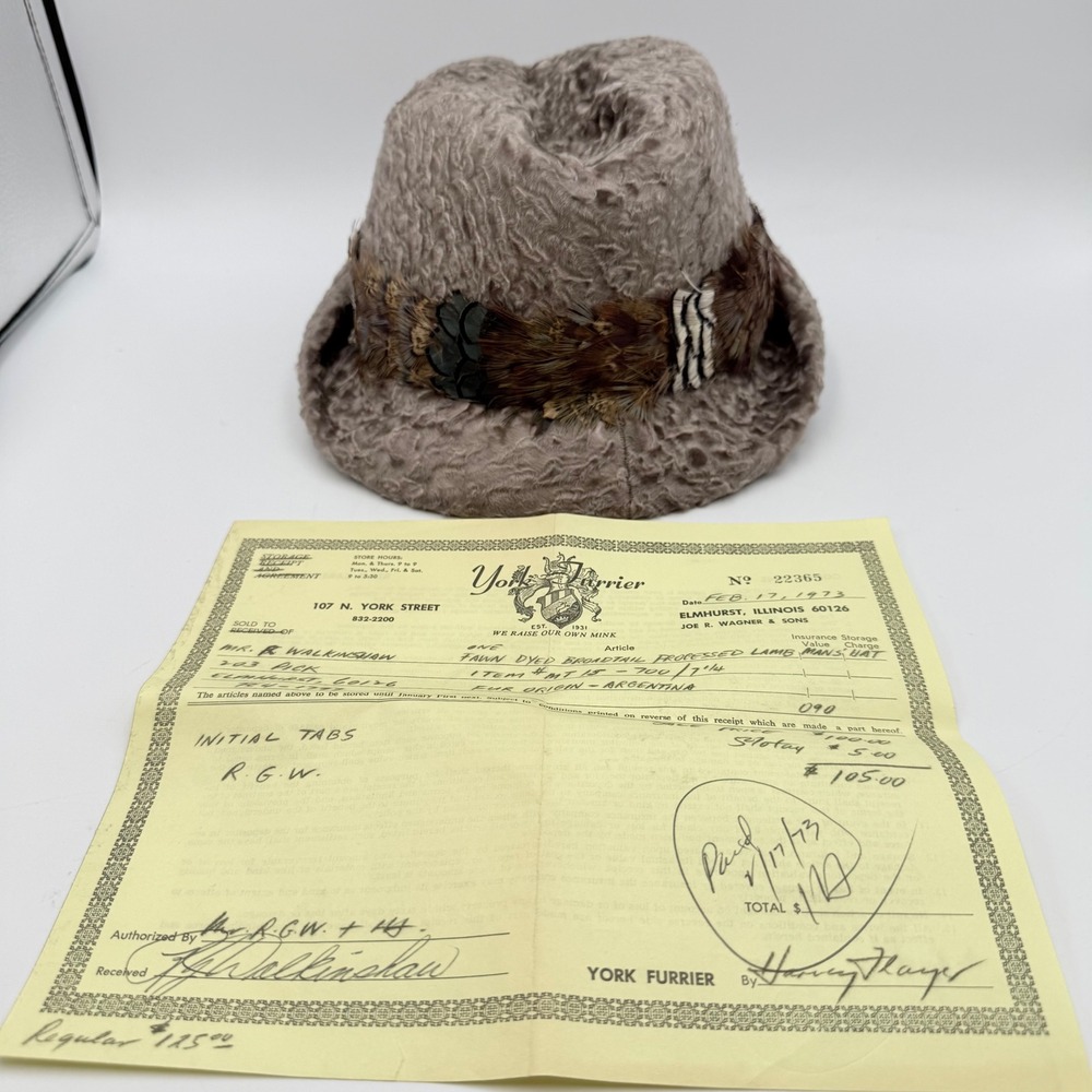 Vintage York Furrier Fawn Broadtail Lamb Fur Fedora Hat Feather Band Size 7 1/4